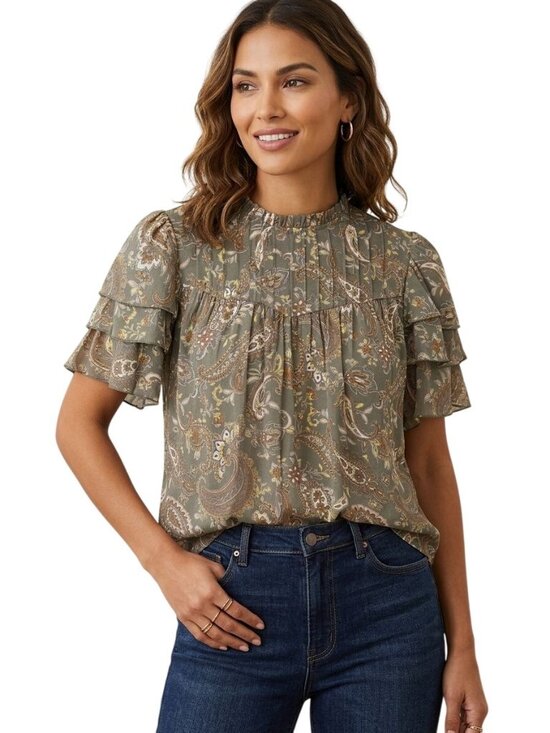 Nanette Lepore Tops - Nanette Lepore NWT Prairie Sage Paisley Print High Ruffle Collar Blouse Size XL